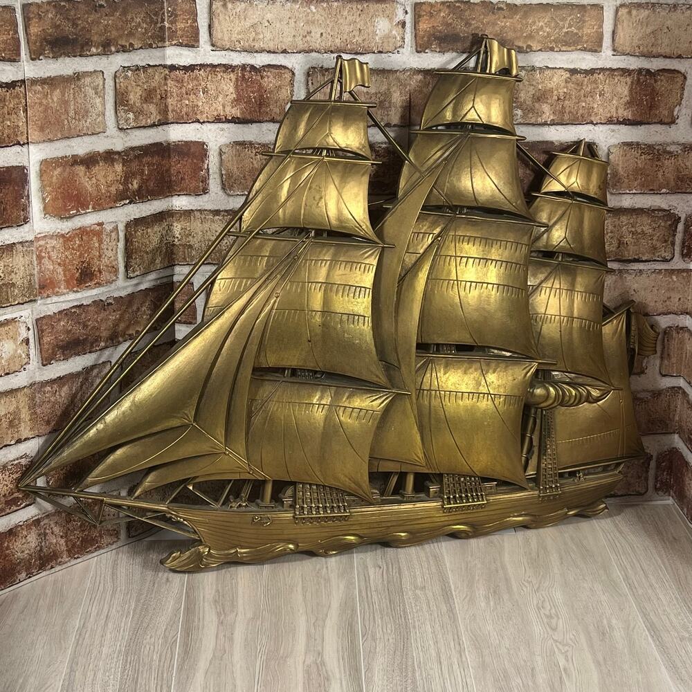 Vintage MCM Rare DART Antique Gold Boat Ship Wall Art Nautical 1962 Made In USA